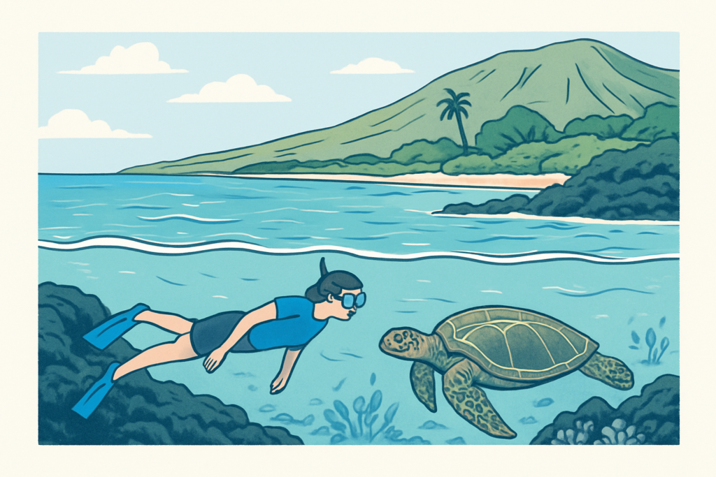 Snorkeler viewing a green sea turtle from a respectful distance off South Maui
