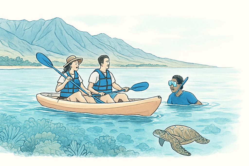 Guided tandem kayaks paddling above a coral reef off Maui.