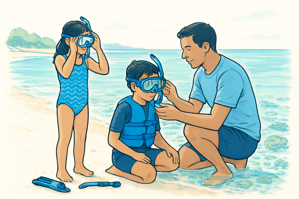 Parent and two children preparing for a guided shore snorkel on Maui