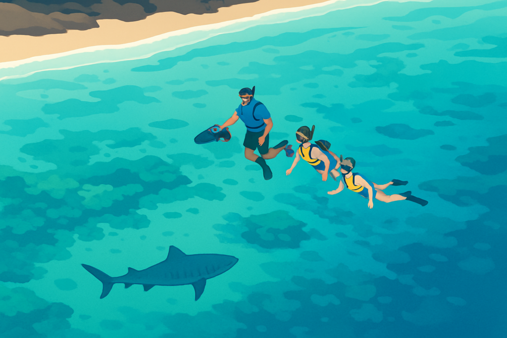 Snorkelers and a guide above a Maui reef with a distant tiger shark below.