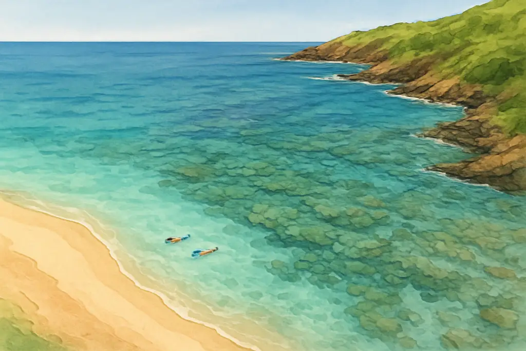 Snorkelers enter a calm Maui beach near reef while keeping distance from a sea turtle.
