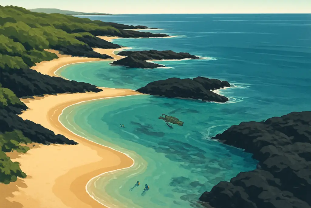 Illustrated South Maui coast with sandy beaches, lava points and shore snorkelers