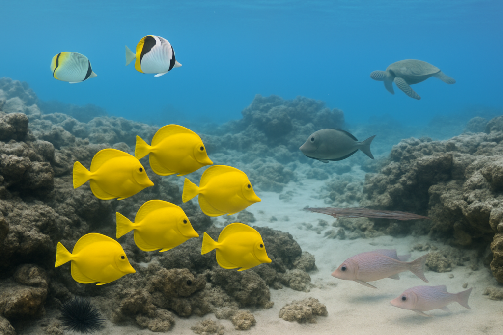 Snorkeler observing recognizable Maui reef fish and a sea turtle from a respectful distance