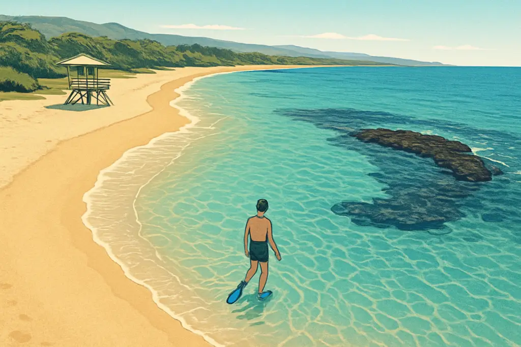 Illustrated view of a snorkeler entering calm water along the Kihei and Wailea coast