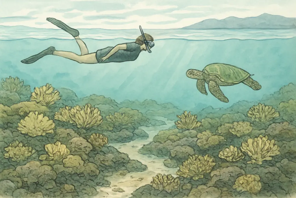 Snorkeler floating with fins above a Maui reef while a turtle passes at a distance
