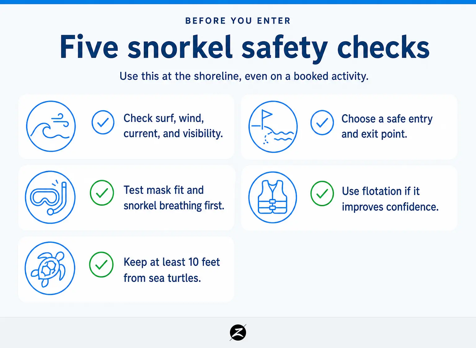 Hawaii Snorkeling Trips: How to Choose the Right Island and Experience 3 Five-item snorkeling safety checklist for checking conditions, gear, flotation, and wildlife distance