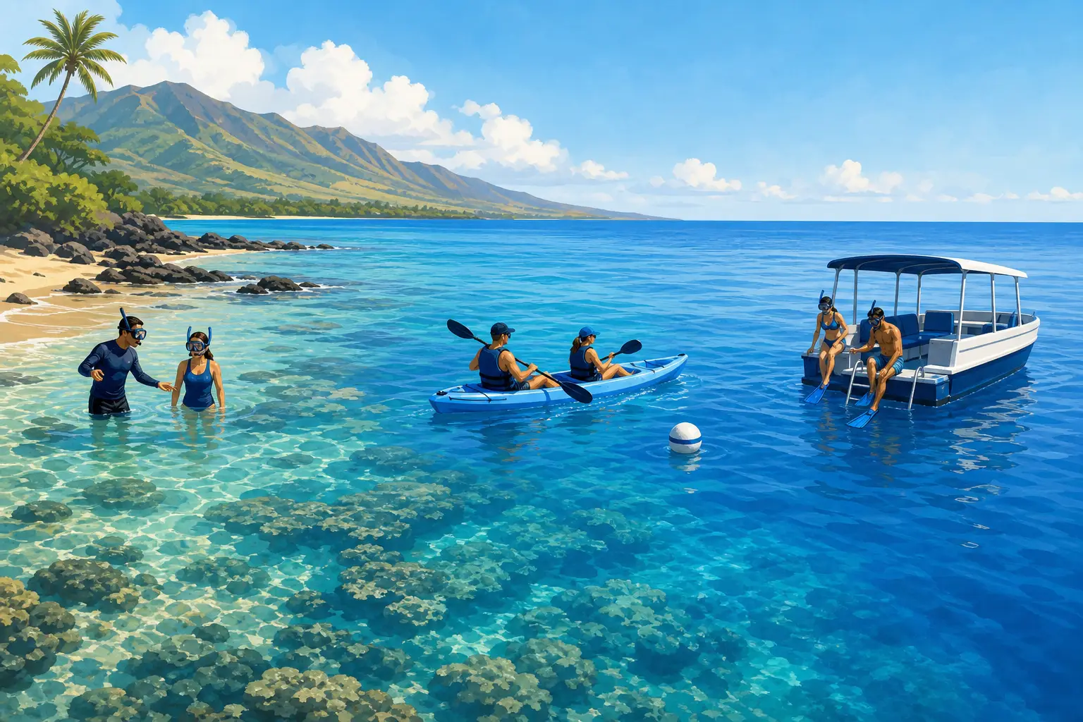 Hawaii Snorkeling Trips: How to Choose the Right Island and Experience 2 Illustration comparing shore-entry snorkeling, kayak snorkeling, and boat snorkeling formats