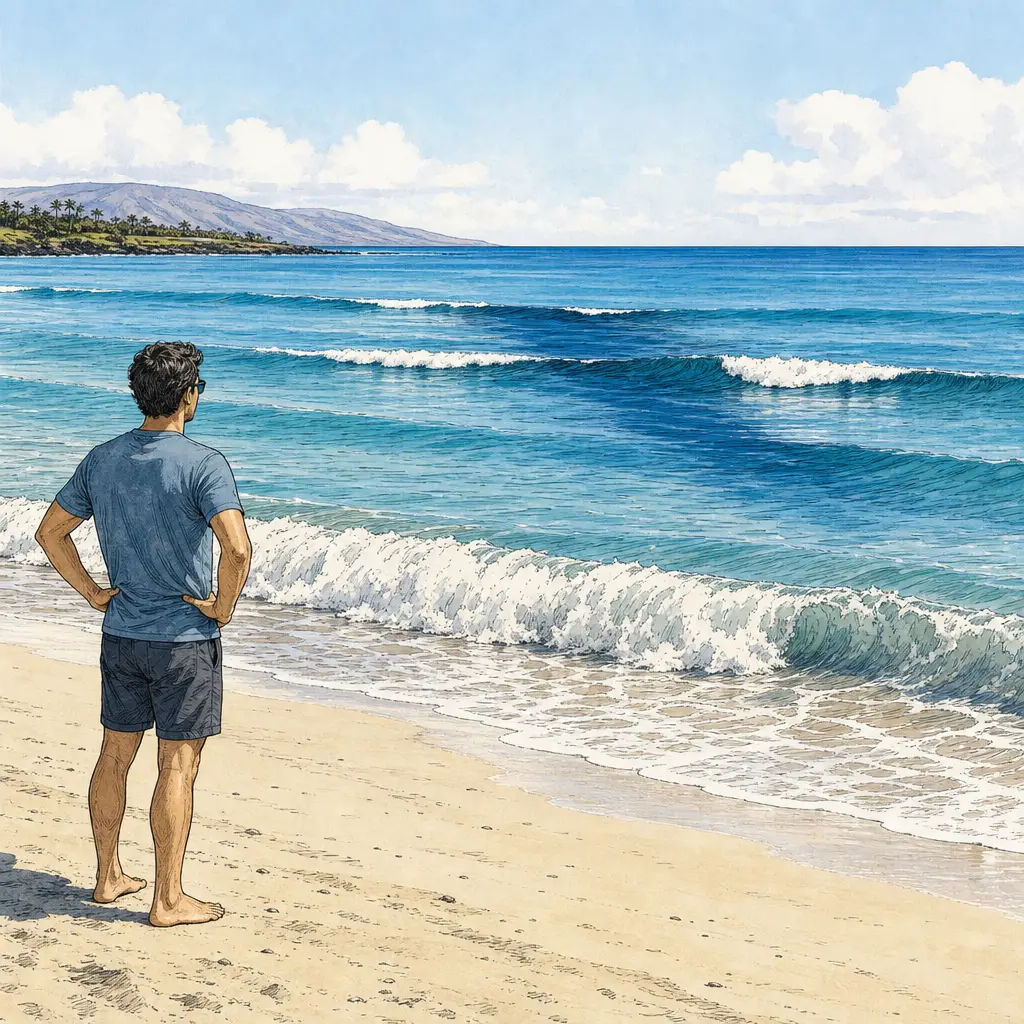 Wailea Beach Guide: Access, Swimming, Snorkeling and What to Know Before You Go 2 Beach visitor watching waves and water movement before deciding whether to swim.