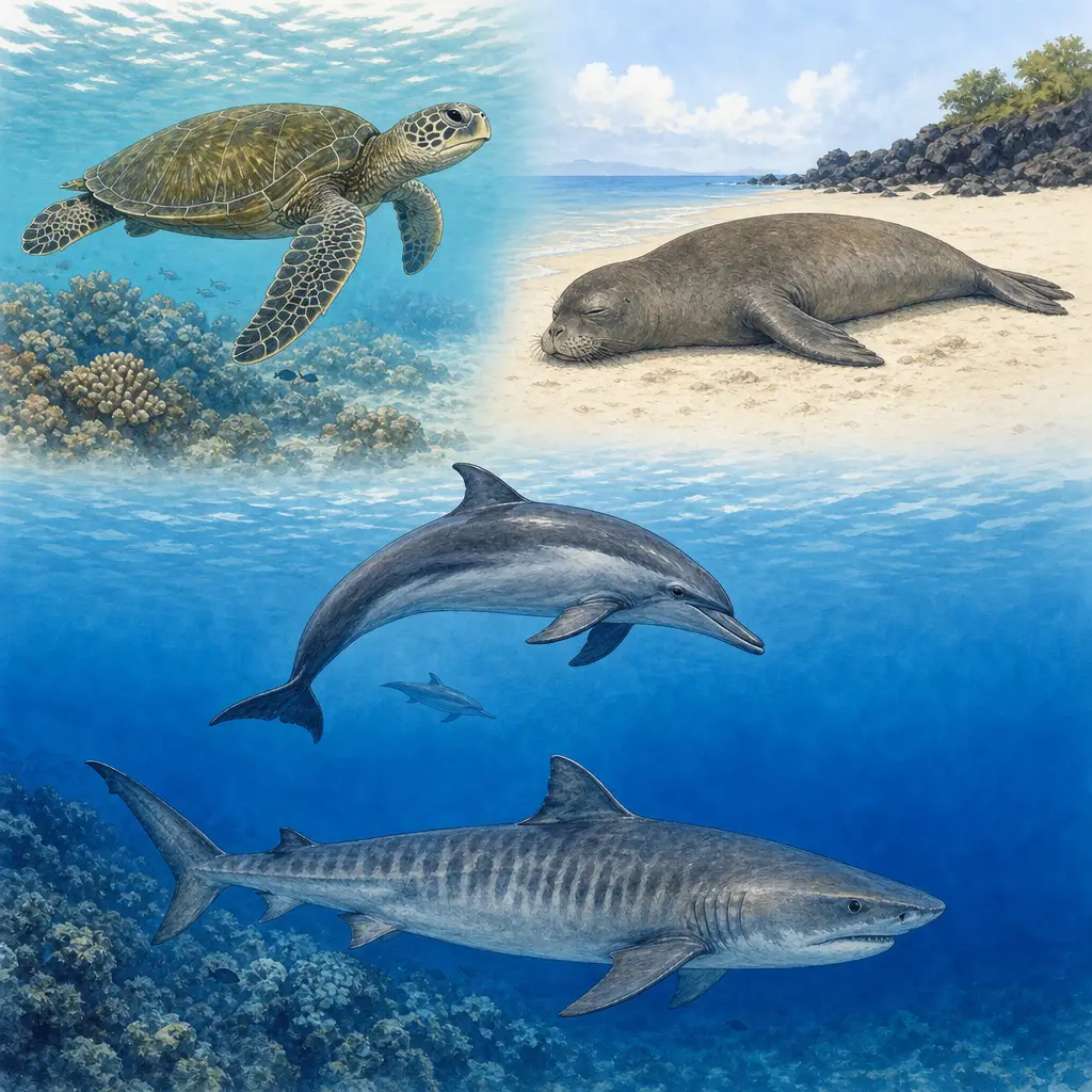 Ocean Animals in Hawaii: What You May See Around Maui’s Reefs and Coast 2 Illustrated visual cues for identifying a green sea turtle, monk seal, spinner dolphin, and tiger shark from a distance