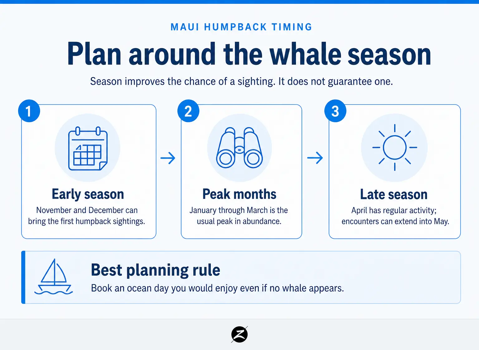 What Whales Are in Hawaii? Species, Maui Seasons and Responsible Viewing 2 Seasonal planning guide showing Maui humpback arrivals, peak months, and late-season viewing
