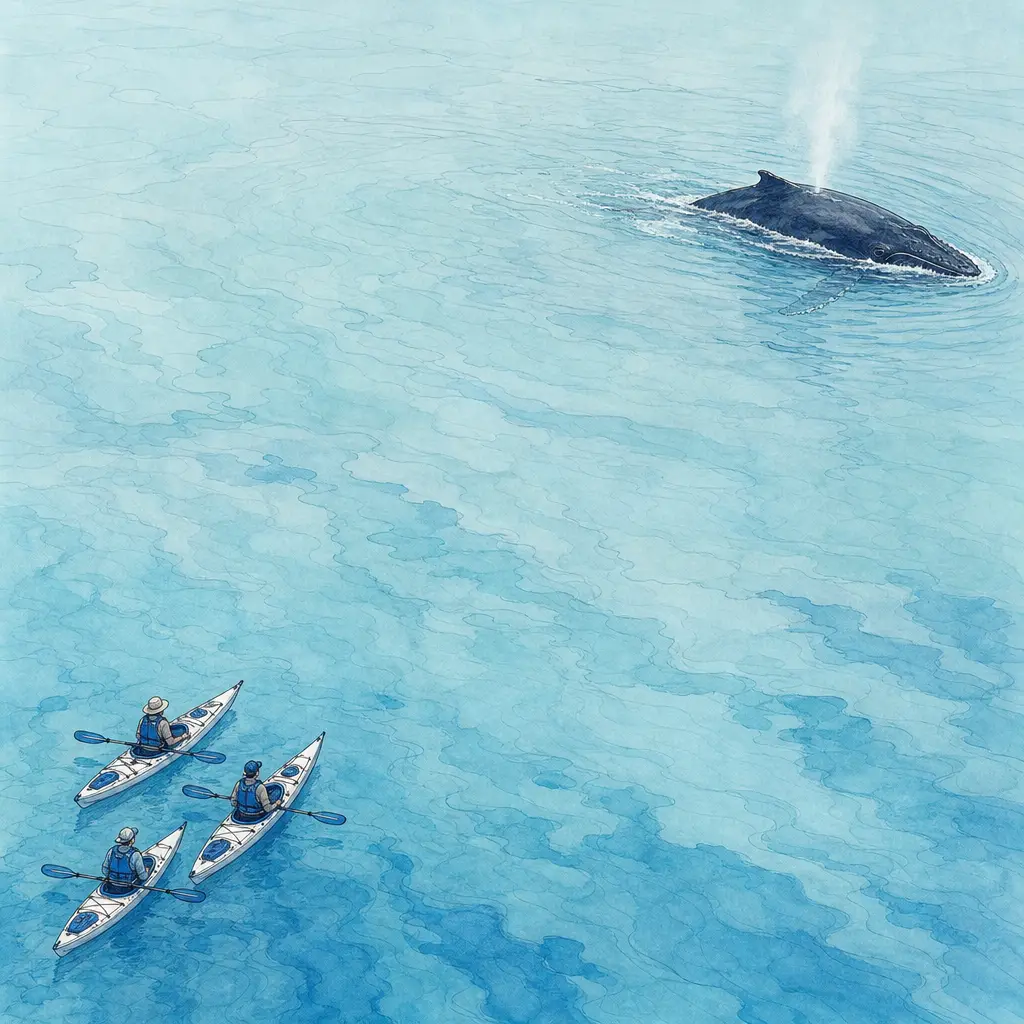 What Whales Are in Hawaii? Species, Maui Seasons and Responsible Viewing 3 Kayakers watching a distant humpback whale while maintaining a wide safe buffer