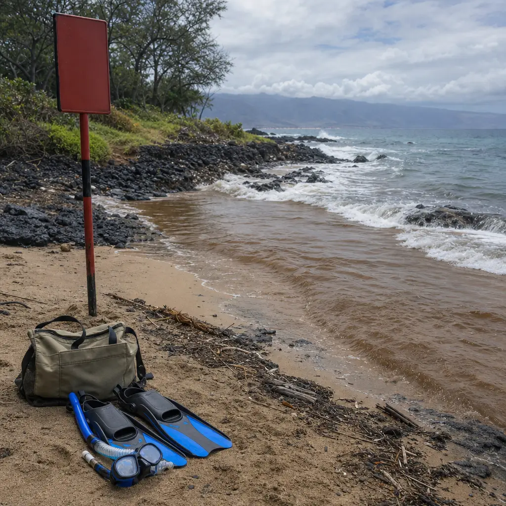 Maui Snorkel Report: How to Check Today’s Conditions Before You Enter the Water 2 Murky runoff water, shorebreak, warning sign, and a snorkeler choosing not to enter