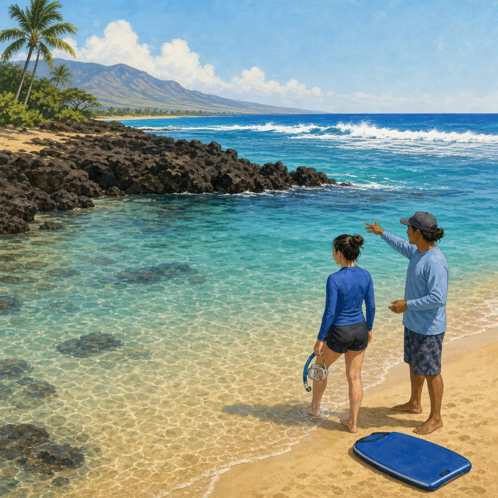 Maui Weather in December: Temperatures, Rain and Ocean Planning 2 Snorkeler and guide assessing gentle waves and shoreline conditions before entering the ocean