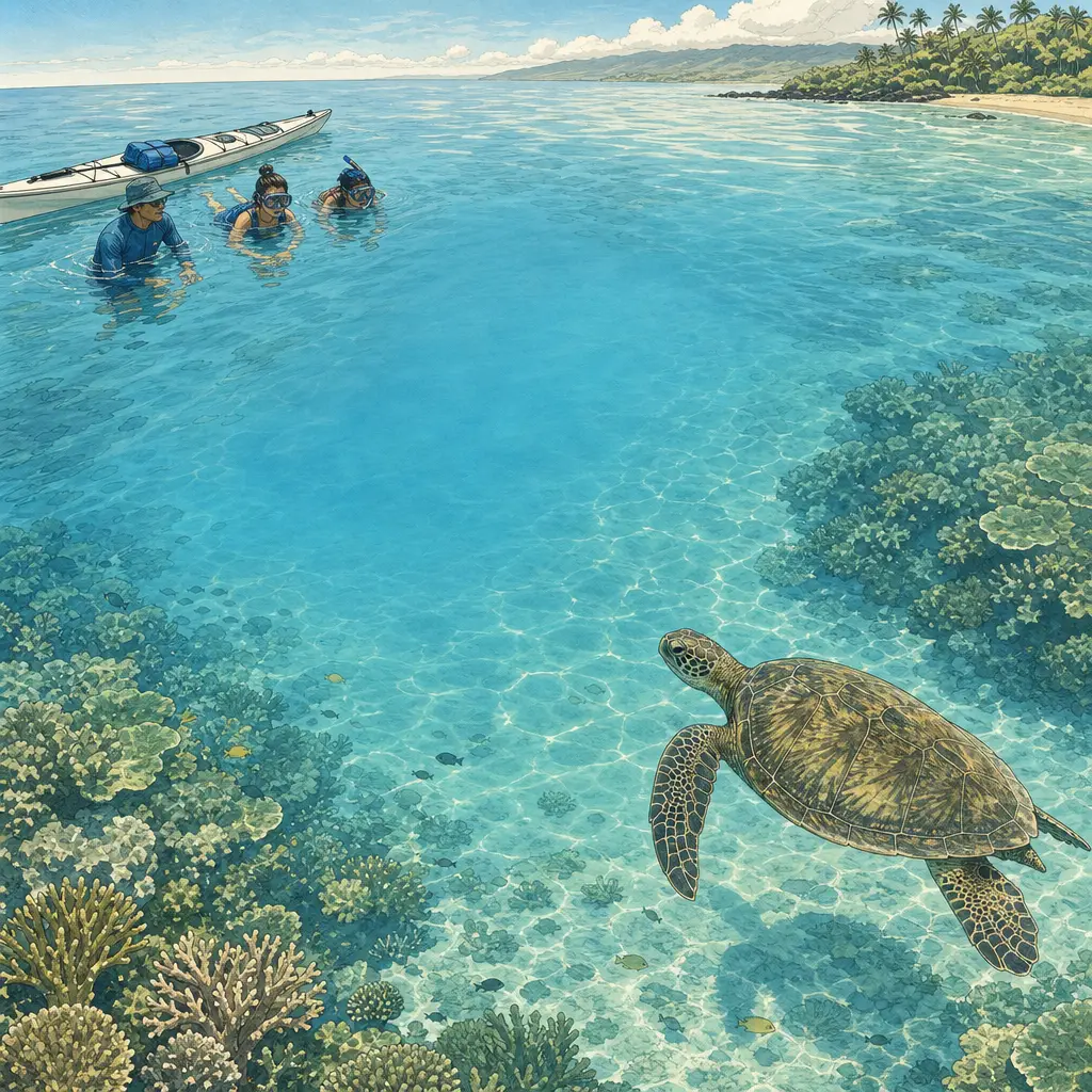 Things to Do in Maui in March: Ocean Conditions, Wildlife and a Practical Itinerary 2 Small guided kayak and snorkel group near a South Maui reef while observing a turtle from a respectful distance