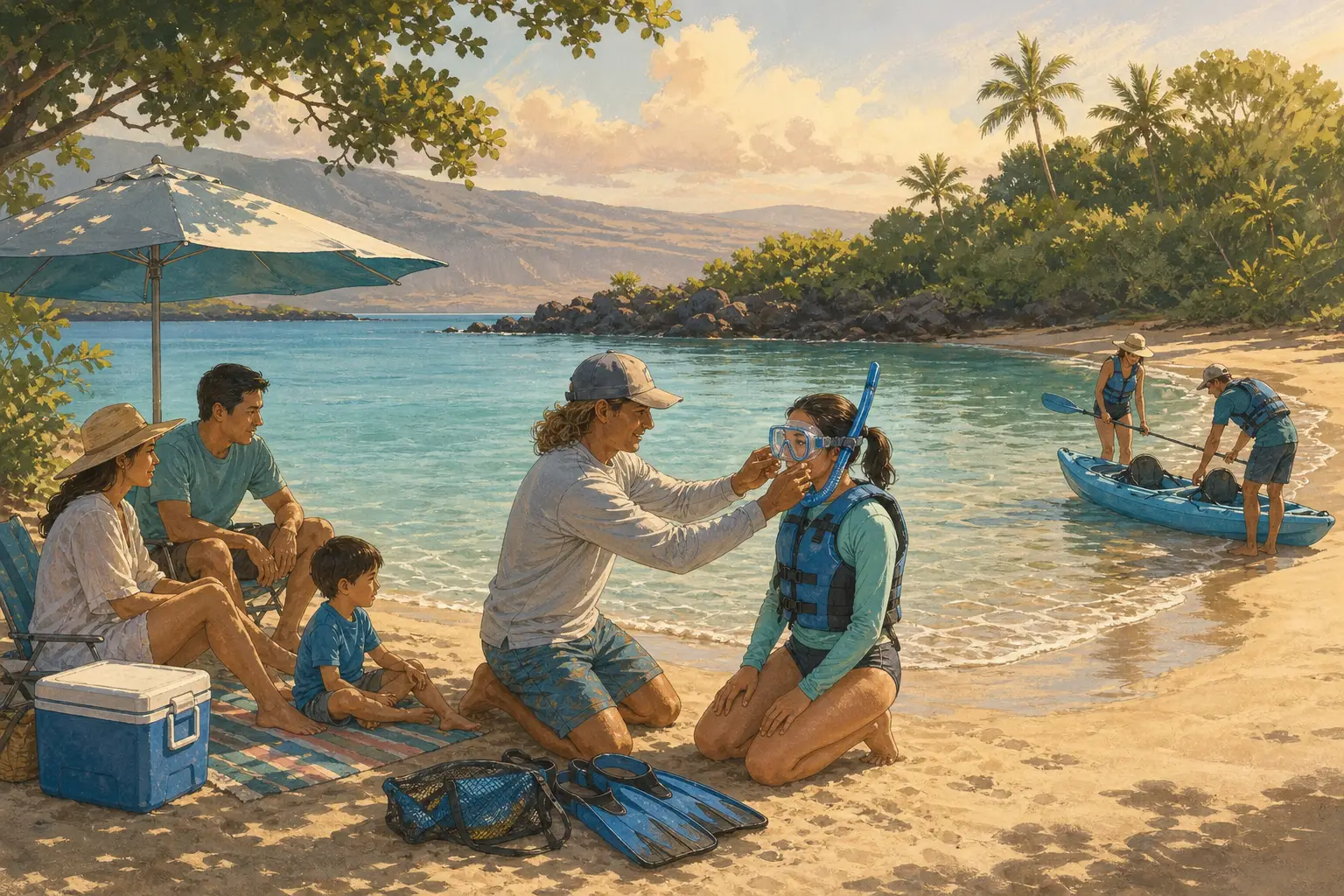 Things to Do in Maui in March: Ocean Conditions, Wildlife and a Practical Itinerary 4 Three Maui travel groups choosing relaxed, guided, and scenic March activities at a coastal planning board