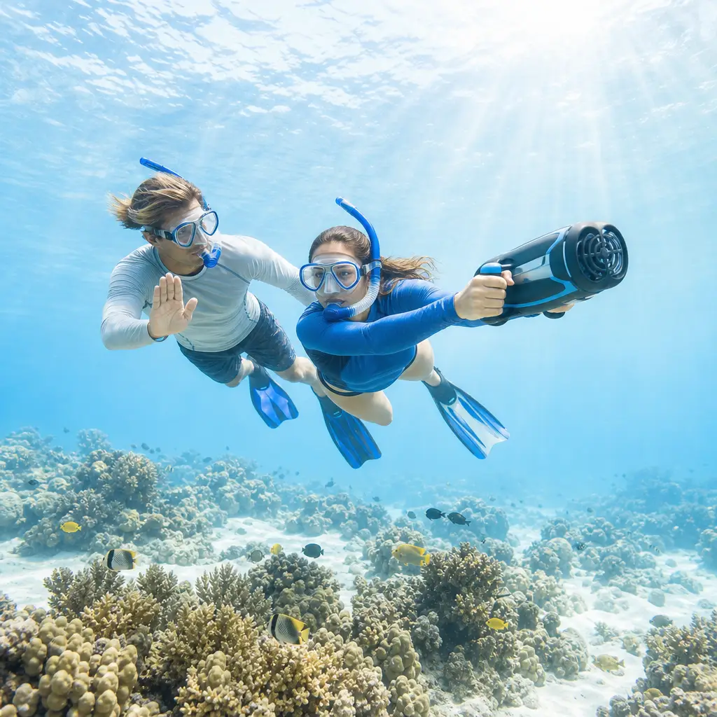 Sea Scooter Snorkeling Maui Reviews: What to Check Before Booking 2 Guide and snorkeler using a handheld sea scooter above a coral reef.