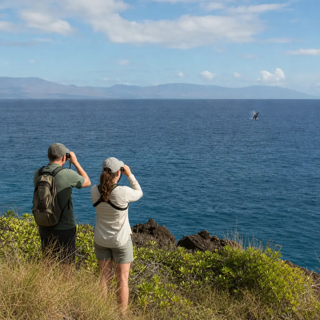Things to Do in Maui in February: Ocean Adventures and Seasonal Tips 2 Visitors using binoculars to watch a distant humpback whale from a Maui coastal overlook